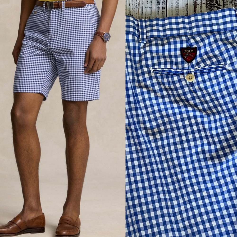 Polo Ralph Lauren Golf Shorts Gingham Blue White 100% Cotton Size 36 EUC